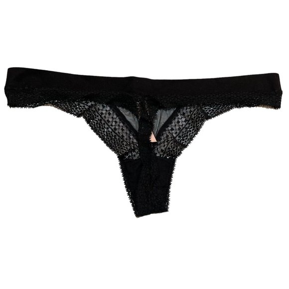 NWT VICTORIA'S SECRET Incredible Logo Thong Pantie Sz XL Black Mesh Lace - Picture 2 of 4
